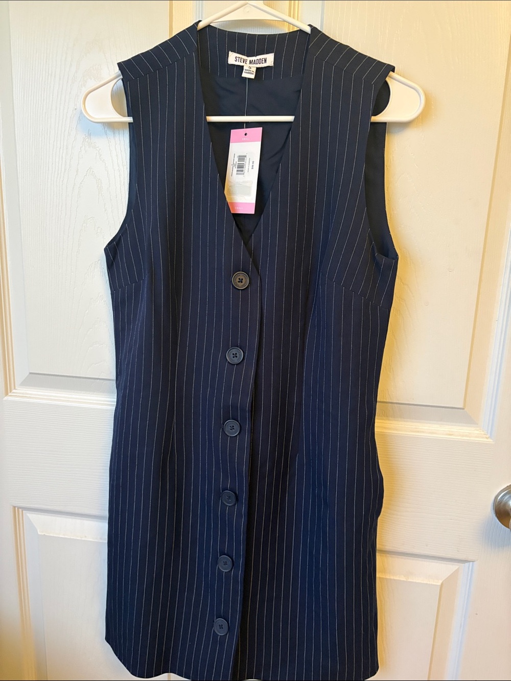 Steve Madden Navy Pinstripe Sleeveless Button Dress